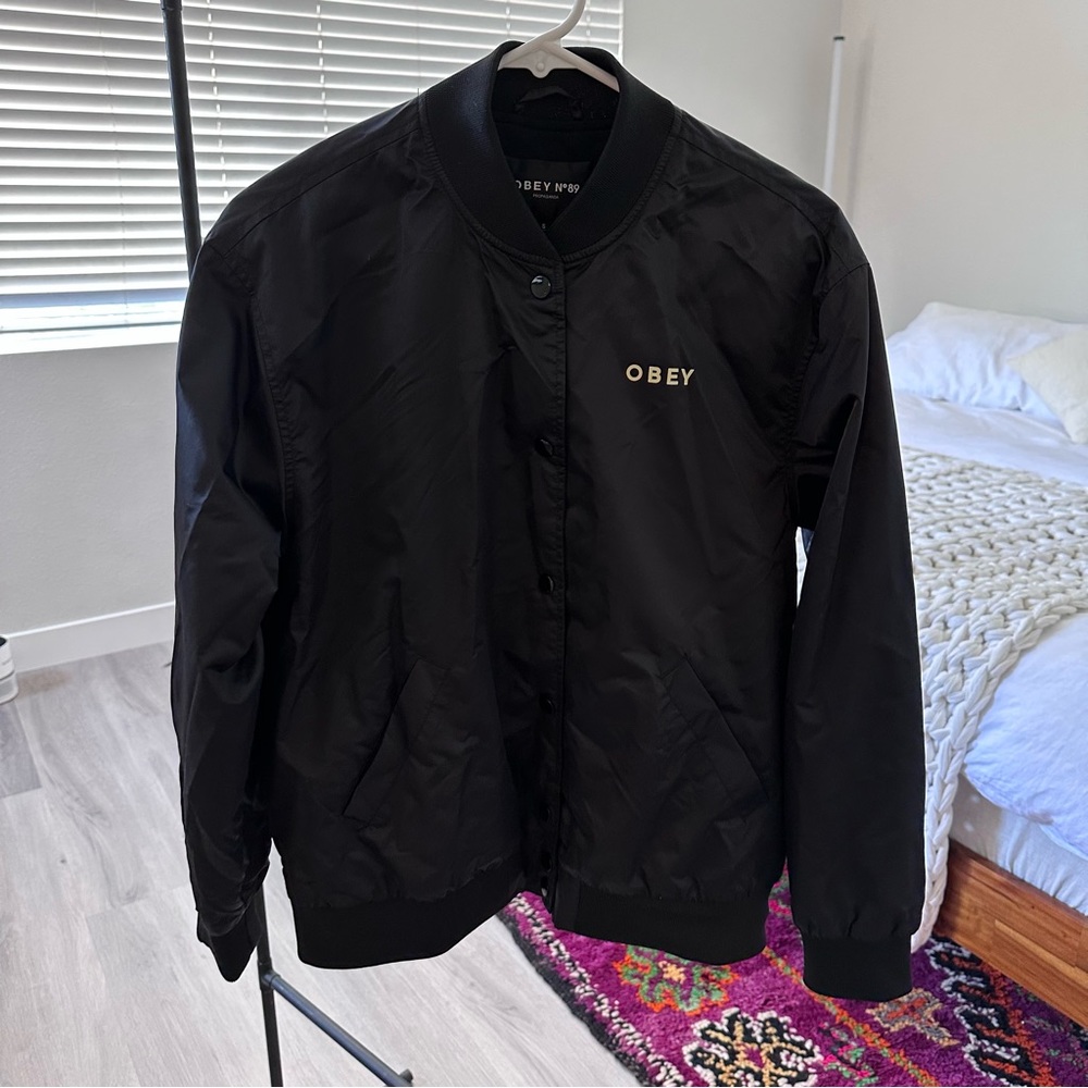 Obey bomber jacket with shepard fairey artwork on the back